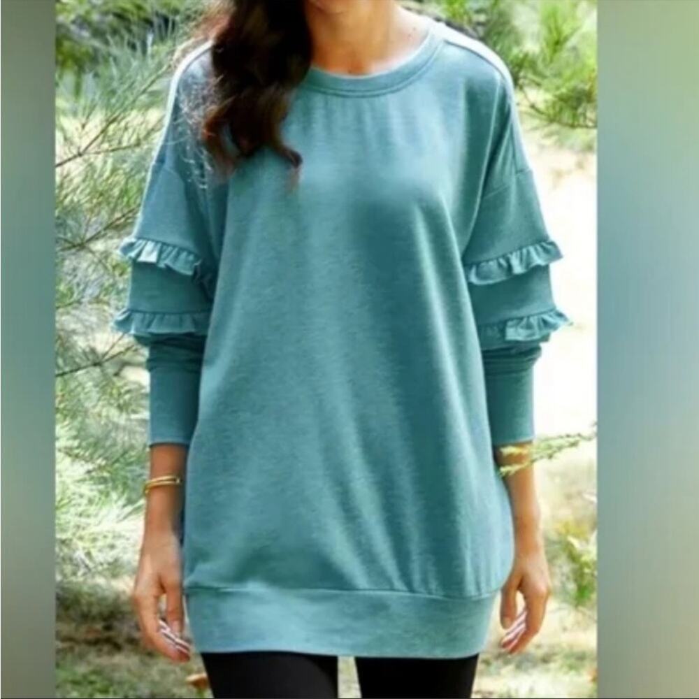 MATILDA JANE Our Song Sweatshirt Blue Tunic 3/4 Sleeve Ruffled Women's Small